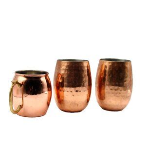 Set 3 Copper Moscow Mule Cups Mug OGGI w/ Brass Handle Hammered Cocktail Barware